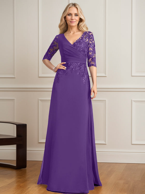 Vestido de novia de corte A, escote en V, largo hasta el suelo, de gasa de encaje con lentejuelas plisadas. 