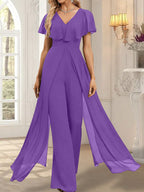 Combinaison-pantalon robe de soirée longue en mousseline à col en V