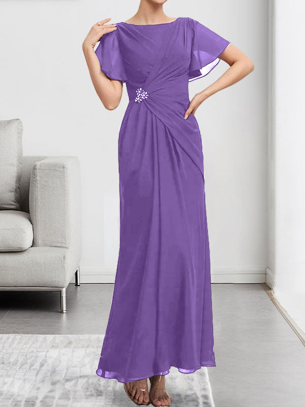 Vestido de gasa de corte A, escote redondo, largo hasta el tobillo, para la madre de la novia, con plisados ​​y cuentas.