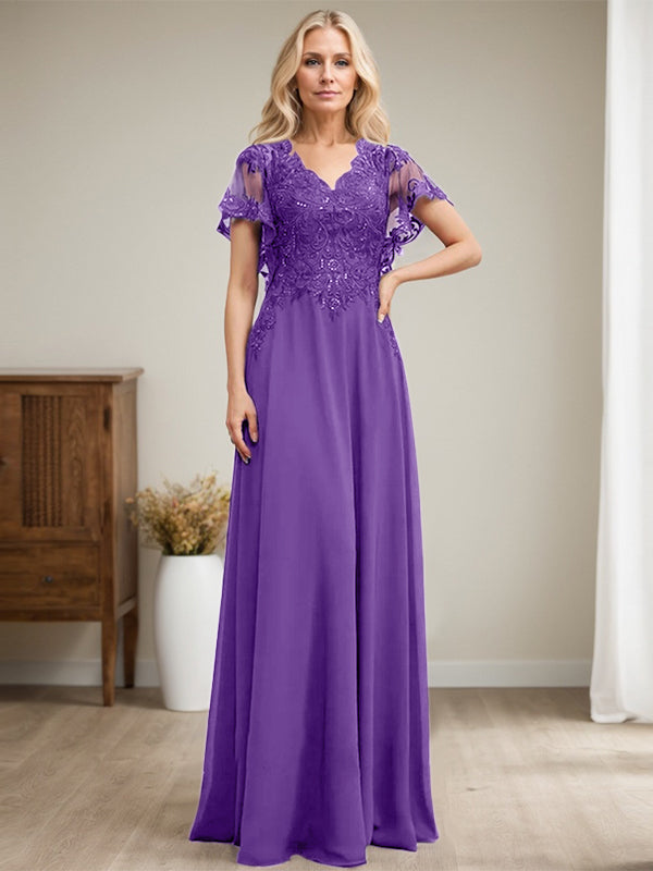 Vestido de novia de corte A, escote en V, largo hasta el suelo, de gasa de encaje con lentejuelas para la madre de la novia 