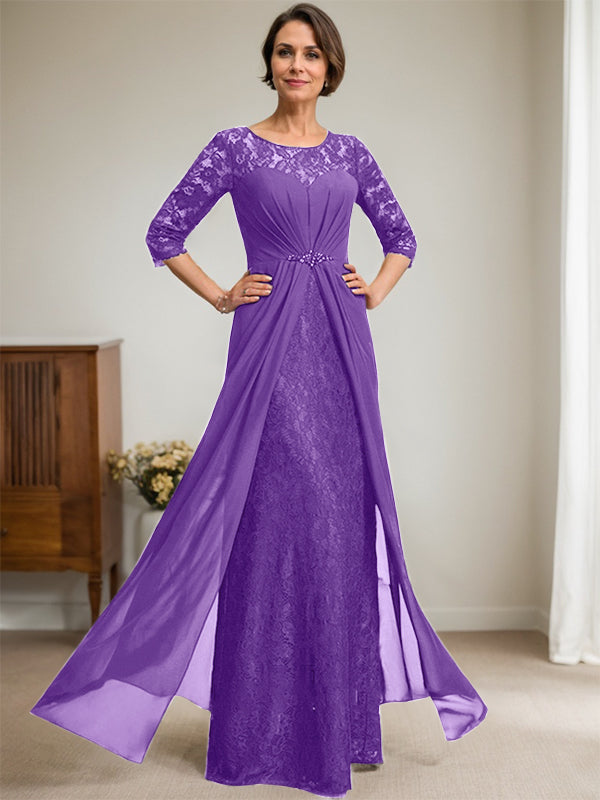 Vestido de novia de corte línea A, escote redondo ilusión, largo hasta el suelo, de gasa de encaje con volantes y pedrería. 