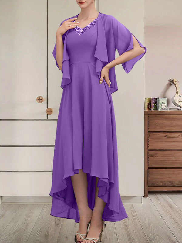 Vestido de corte A, escote en V, asimétrico, de gasa, para la madre de la novia, con lentejuelas y pedrería.