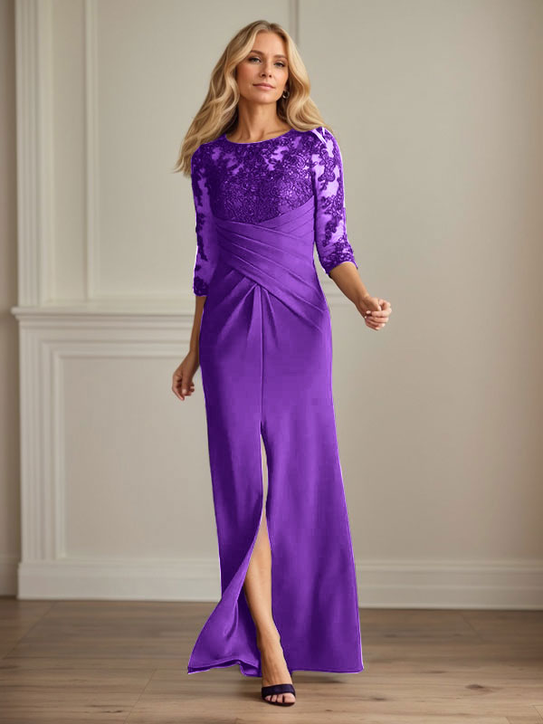 Vestido de madrina de la novia color ciruela, de encaje elástico y corte sirena. 