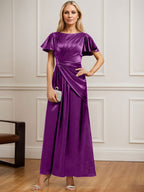 Robe de mère de la mariée en satin stretch, coupe trapèze, longueur cheville, décolleté rond et ornée de perles plissées 