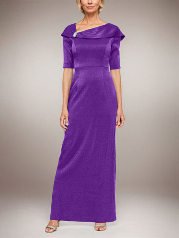 Long Shimmer Column Dress with Foldover Cuff L-Neckline and Elbow Sleeves