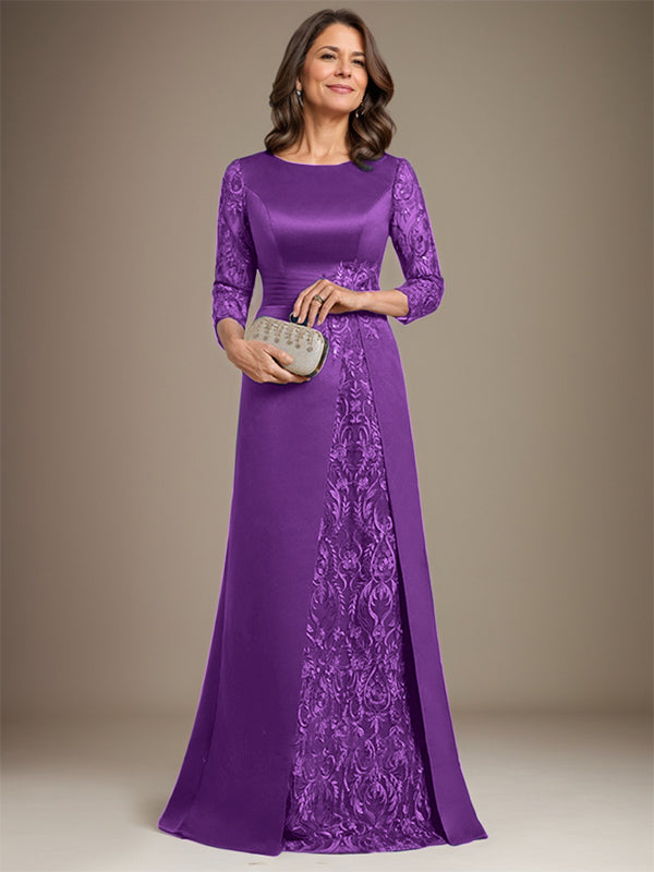 Vestido de novia de corte A, escote redondo, largo hasta el suelo, de satén de encaje, con apliques, para la madre de la novia. 