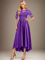 Robe de mère de la mariée asymétrique en satin stretch dentelle et dentelle, coupe trapèze, effet illusion, ornée de sequins 