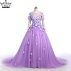Sale Purple Flowers Beading Short Sleeves Tulle Wedding Dresses O-Neck Photography Bride Gown 2025 HA2025