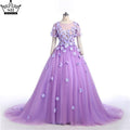 Sale Purple Flowers Beading Short Sleeves Tulle Wedding Dresses O-Neck Photography Bride Gown 2025 HA2025