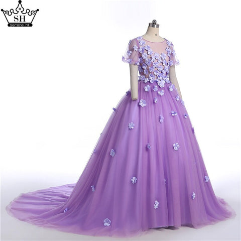 Sale Purple Flowers Beading Short Sleeves Tulle Wedding Dresses O-Neck Photography Bride Gown 2025 HA2025