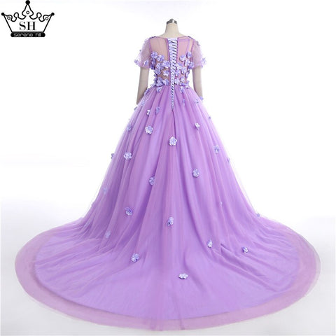 Sale Purple Flowers Beading Short Sleeves Tulle Wedding Dresses O-Neck Photography Bride Gown 2025 HA2025