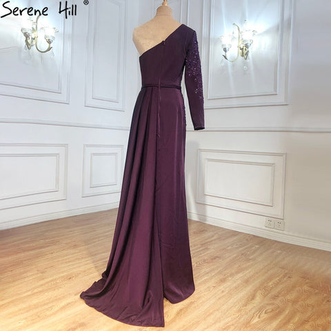 Purple Sexy One Shoulder Satin Evening Dresses 2025 Mermaid Beading Formal Dress LA70318