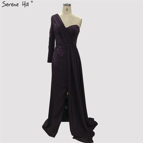 Purple Sexy One Shoulder Satin Evening Dresses 2025 Mermaid Beading Formal Dress LA70318
