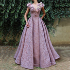 On Sale no return no refundSale Purple V-Neck Handmade Flowers Lace Evening Dresses 2025 Sleeveless Mermaid Sexy Evening Gowns LA60764