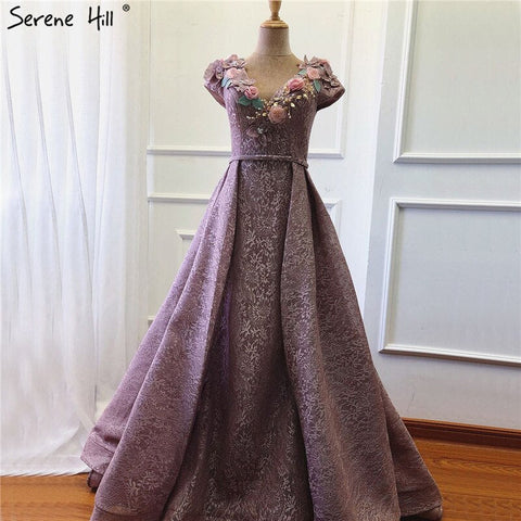 On Sale no return no refundSale Purple V-Neck Handmade Flowers Lace Evening Dresses 2025 Sleeveless Mermaid Sexy Evening Gowns LA60764