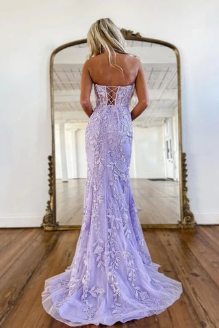 Robe de bal longue violette sirène à col en cœur avec applications de dentelle