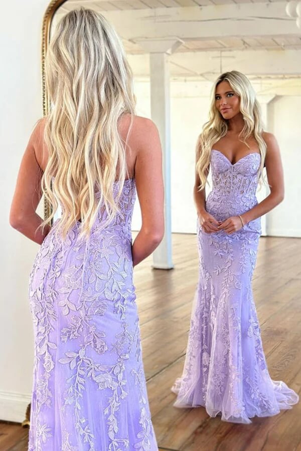 Purple Mermaid Sweetheart Neck Long Prom Dresses With Lace Appliques