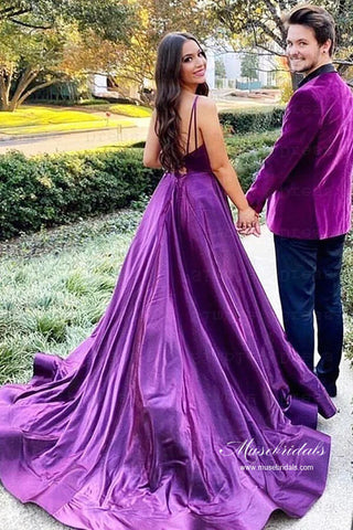 Robe de bal longue violette en satin, coupe trapèze, dos nu et fente, robe de soirée
