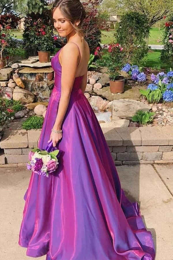 Purple Satin A-line Spaghetti Straps Prom Dresses With Pockets, Party Dress