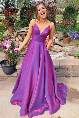 Robe de bal violette en satin, coupe trapèze, bretelles spaghetti et poches, robe de soirée