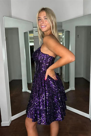 Spaghetti Strap Homecoming Dress Short Purple Prom Dress SYH95