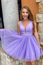 Vestido corto de tul morado corte A para fiesta de bienvenida con cinturón, vestido de graduación