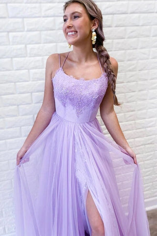 Robes de bal violettes en tulle et dentelle, coupe trapèze, dos nu et fente, robes de soirée