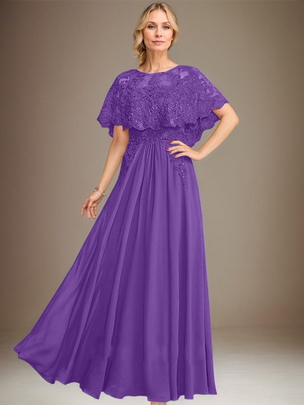 Robe de mère de la mariée en mousseline de soie dentelle, coupe trapèze, col bateau, longueur au sol, ornée d'appliqués de sequins 