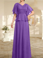 Vestido de gasa de corte A, escote en V, largo hasta el suelo, para la madre de la novia, con plisados ​​y cuentas.