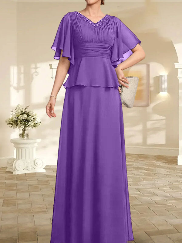 Vestido de gasa de corte A, escote en V, largo hasta el suelo, para la madre de la novia, con plisados ​​y cuentas.