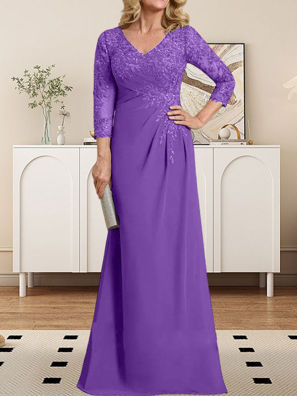 Vestido de novia de corte recto/columna, escote en V ilusión, largo hasta el suelo, de gasa de encaje con lentejuelas plisadas. 