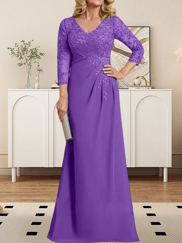 Sheath/Column V-Neck Illusion Floor-Length Lace Chiffon Mother of the Bride Dress With Pleated Sequins