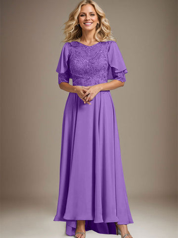 A-line Scoop Illusion Asymmetrical Chiffon Lace Mother of the Bride Dress With Beading