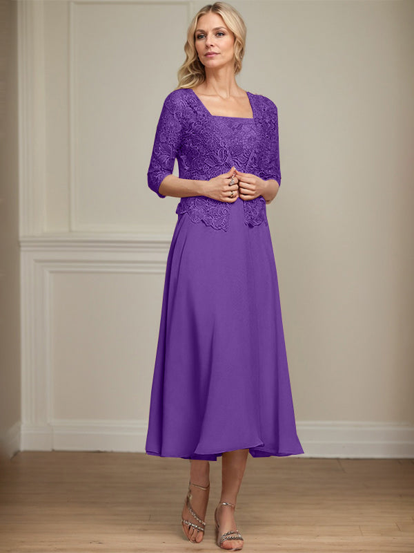 Vestido de corte A, largo midi, de gasa, encaje y lentejuelas para la madre de la novia. 