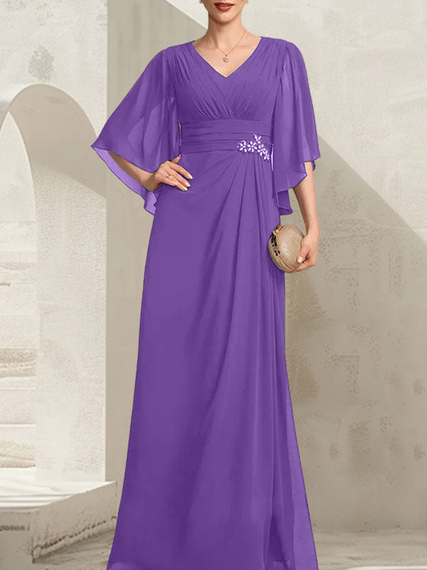 Vestido de corte recto/columna, escote en V, largo hasta el suelo, de gasa, para la madre de la novia, con lentejuelas plisadas y pedrería.