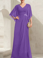 Vestido de corte recto/columna, escote en V, largo hasta el suelo, de gasa, para la madre de la novia, con lentejuelas plisadas y pedrería.