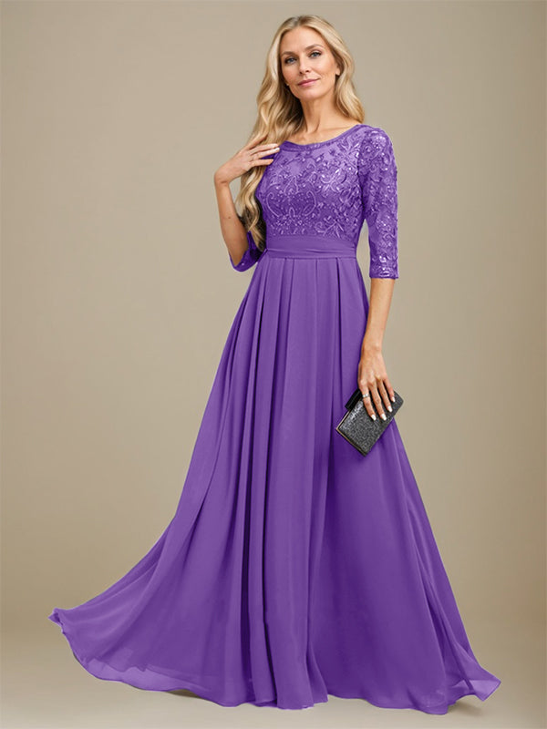 Vestido de corte A, escote redondo, largo hasta el suelo, de gasa de encaje con apliques de lentejuelas para la madre de la novia. 