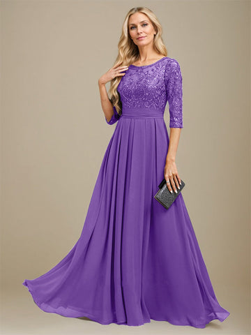 A-Line Scoop Floor-Length Lace Chiffon Mother Of the Bride Dress With Sequins Applique