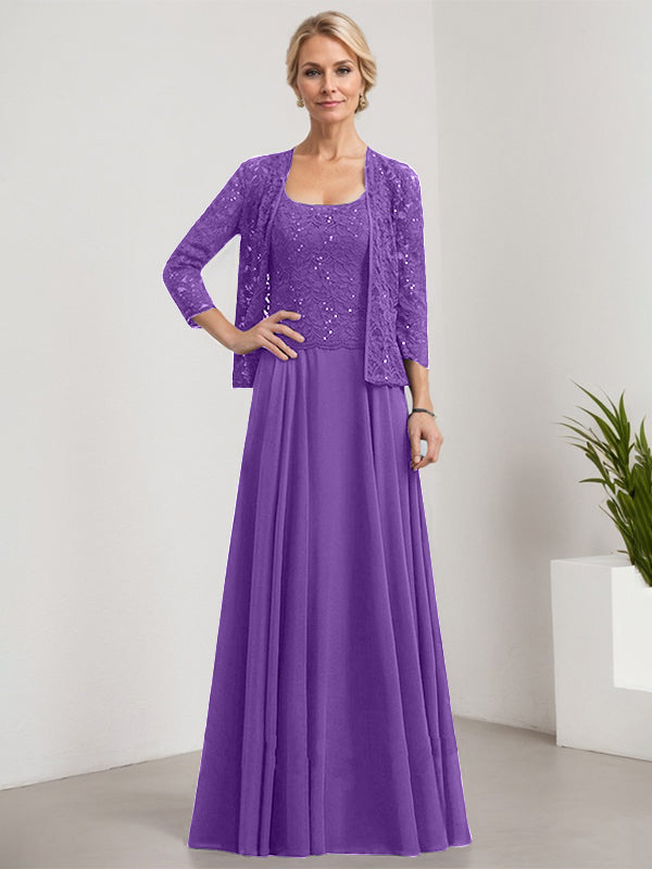 Vestido de corte A, cuadrado, largo hasta el suelo, de encaje y gasa con lentejuelas para la madre de la novia 