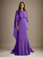 Vestido de gasa de corte recto/columna, escote barco y largo hasta el suelo, para la madre de la novia, con volantes en cascada. 