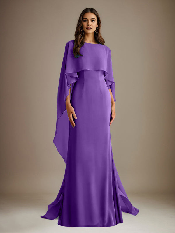 Vestido de gasa de corte recto/columna, escote barco y largo hasta el suelo, para la madre de la novia, con volantes en cascada. 