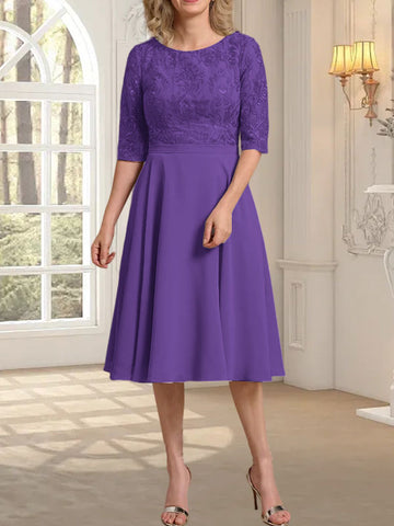 A-line Scoop Knee-Length Lace Chiffon Mother of the Bride Dress