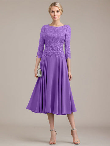 A-line Scoop Tea-Length Lace Chiffon Mother of the Bride Dress