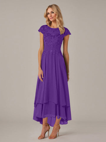 A-line Boat Neck Illusion Asymmetrical Chiffon Lace Mother of the Bride Dress With Applique Pleats