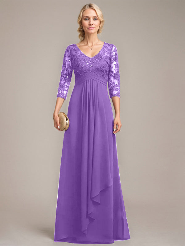 Vestido de novia de corte línea A, escote en V, largo hasta el suelo, de gasa de encaje con volantes en cascada y lentejuelas. 