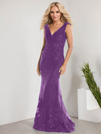 Vestido de sirena para la madre de la novia, corte sirena, escote en V, largo hasta el suelo, de gasa de encaje con apliques de lentejuelas. 