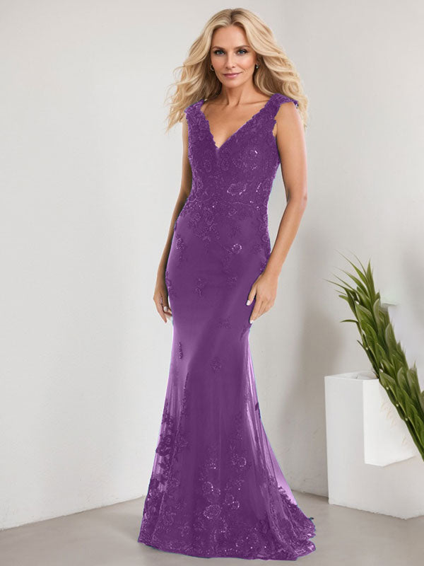 Vestido de sirena para la madre de la novia, corte sirena, escote en V, largo hasta el suelo, de gasa de encaje con apliques de lentejuelas. 