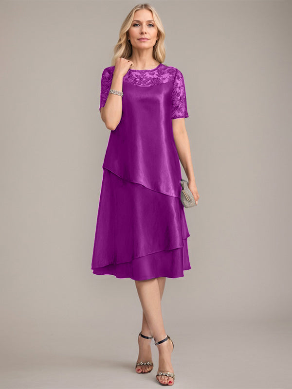 Vestido de corte A, escote redondo, largo hasta la rodilla, para la madre de la novia, con apliques y lentejuelas. 