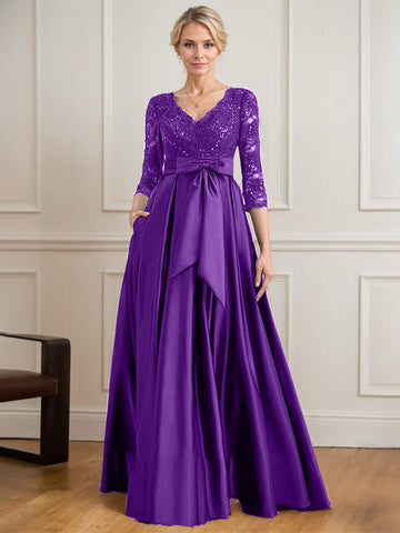 A-line V-Neck Floor-Length Satin Lace Mother of the Bride Dress With Sequins Bow