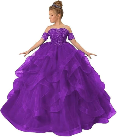 Vestido de niña de las flores con hombros descubiertos para boda, vestido de princesa con cuentas para concurso de belleza 